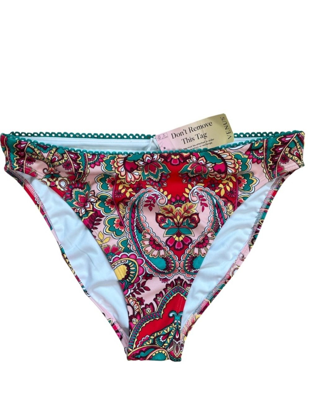 VENUS Paisley Tropical Bikini Bottom High Leg Mid Rise Pink Green Red NWT Large